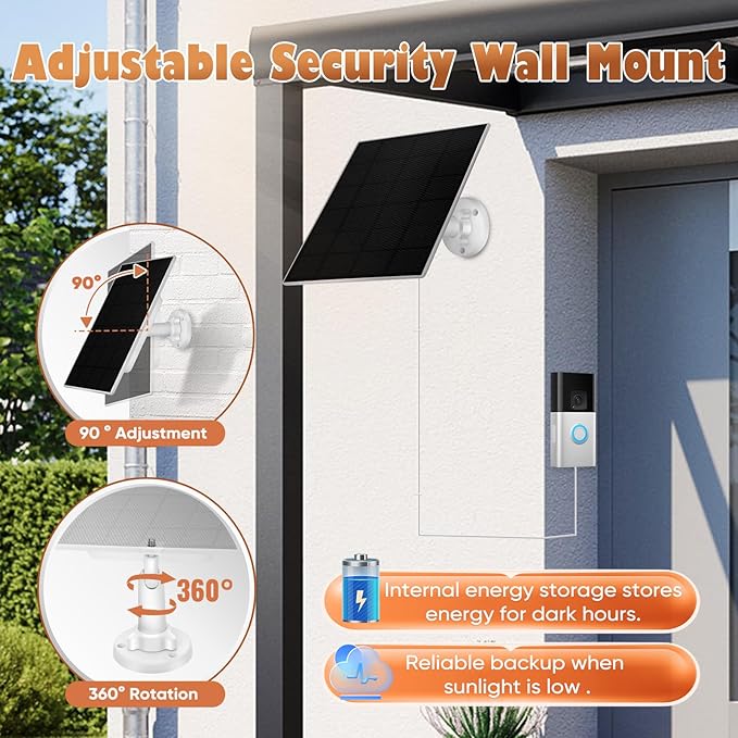 Solar Panel Battery Compatible with Video Doorbell 3 and 4, Battery Video Doorbell Plus, 13ft Charging Cable, 360°Adjustable Wall Mount