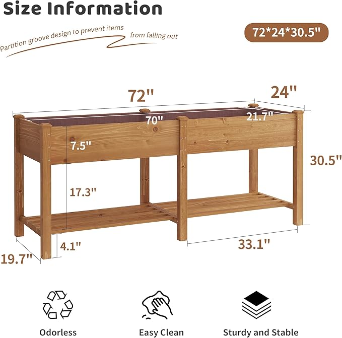 Raised Garden Bed with Legs Elevated Wooden Planter Box Stand Large Planter Stand Box for Fruits Vegetables Flowers with Divider with Bag- 72 * 24 * 30.5IN（Brown）