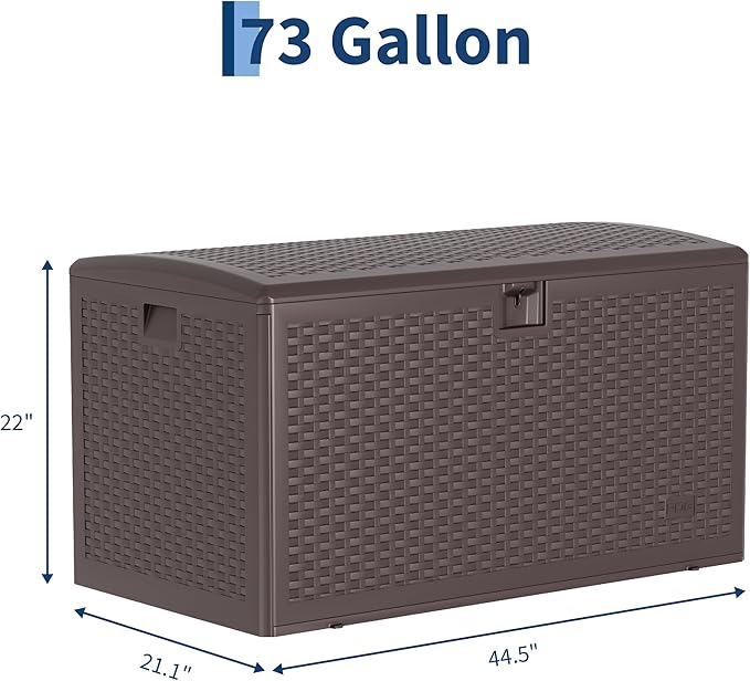 73 Gallon Waterproof Large Resin Deck Box Indoor Outdoor, Lockable Storage Container for Patio Furniture Cushions, Throw Pillows, Garden Tools, and Pool Floats, Brown