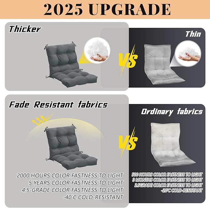Marsui 4 Pcs Outdoor Indoor High Back Chair Cushions Patio Furniture Tufted Pillow with Ties Water-Resistant Replacement Outdoor Rocking Chair Cushions, 42 x 21 Inches (Dark Gray,Solid Color)