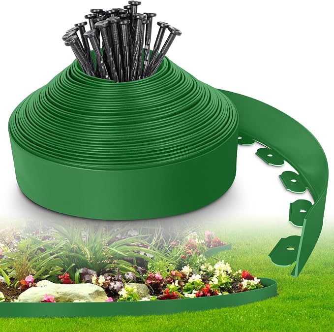 4-Inch x 50 FT Landscape Edging Border with 75 Spikes, Garden Edging Lawn Border Kit, Plastic Edging Border Flexible for Garden Flower Beds Lawn Yard Pathway Paver Edging (Green)