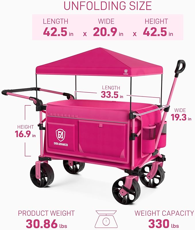 EVER ADVANCED Folding Push Wagon with Canopy, Portable Shopping Cart with Brakes, Collapsible Wagon Cart with All-Terrain Big Wheels for Camping, Beach, Sports