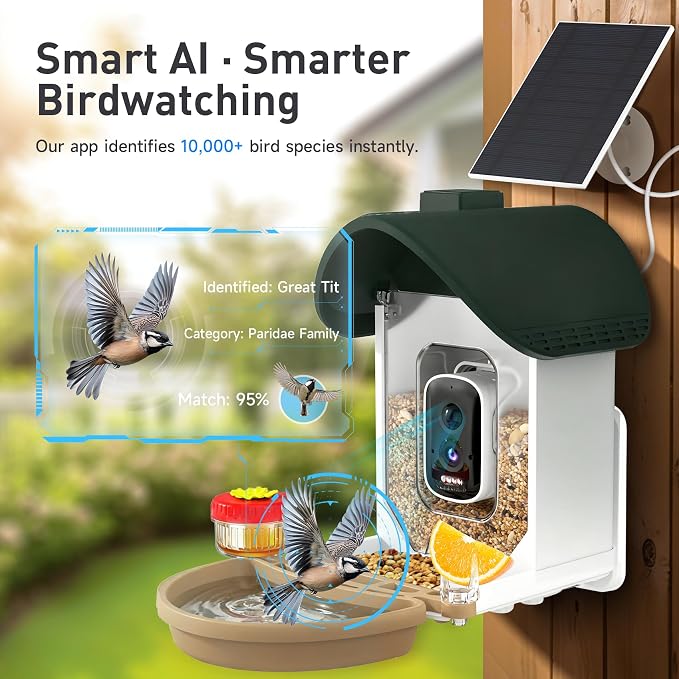 ChirpingPal™ AI Smart Bird Feeder with Camera | 2.5K HD Live View & Photos | Night Vision | 10,000+ Species ID | Solar-Powered with Built-in Battery | with Bird Bath Kit | Green & White