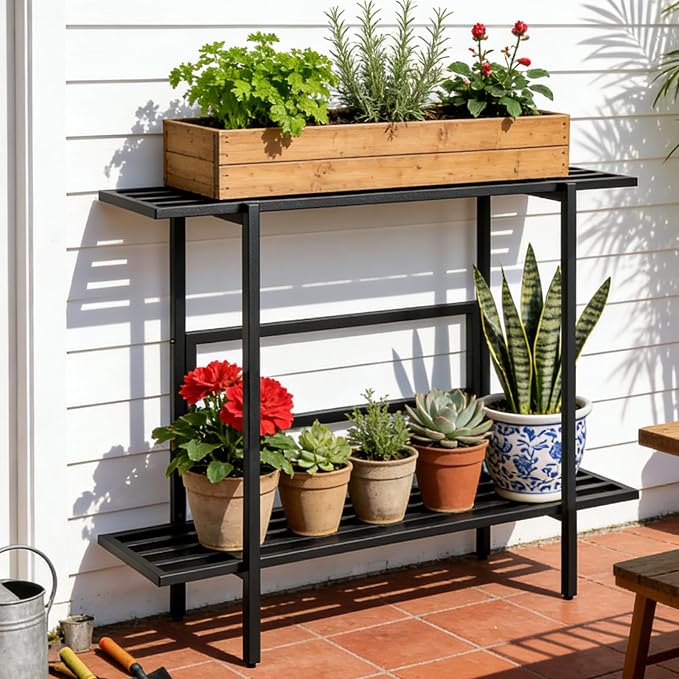 Heavy Duty Plant Stand Outdoor Indoor, Large Metal Plant Stand 48" L x 10" W x 38" H Outdoor Plant Stands 2-Tier Flower Pot Stand 500 LBS Capacity for Patio Garden