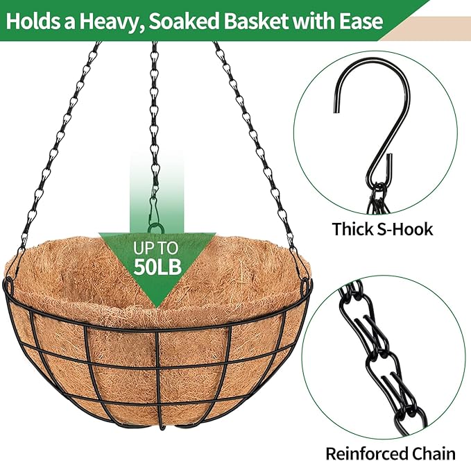 16 Inch Hanging Planters for Outdoor Plants,4 Pack Large Hanging Baskets for Plants Outdoor Metal Hanging Baskets with Thick Coco Coir Liners, Round Flower Pots for Porch Garden Ferns & Petunias