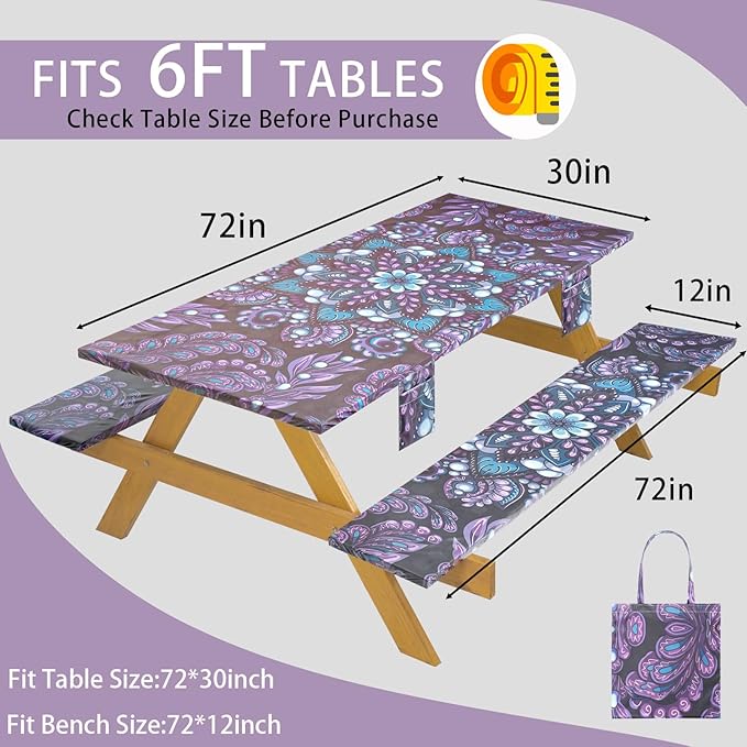 Fitted Waterproof Picnic Table Cover with Bench Covers Elastic Reusable Camping Table Cloths for 6Ft Rectangle Tables Summer Camp Motorhome Party Gear Outdoors Car Travel Trailer Gadgets Gift