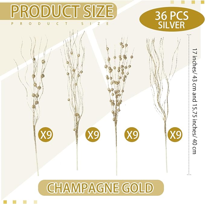 Yuxung 36 Pcs 17'' 15'' Christmas Artificial Glitter Berry Stems 4 Styles Xmas Decorative Tree Picks Branches Large Glittery Twigs for Christmas Tree Xmas Wreath Vase Filler(Gold)