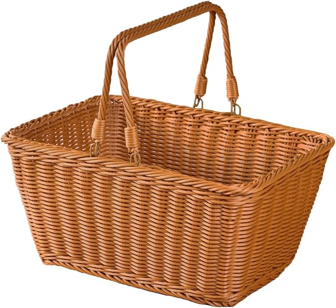 Picnic Basket, Garden Harvest Basket, Wicker Shopping Baskets with Foldable Handles, Reusable Handwoven Market Baskets for Carrying Shopping Storage Gathering (Brown, Rectangle)