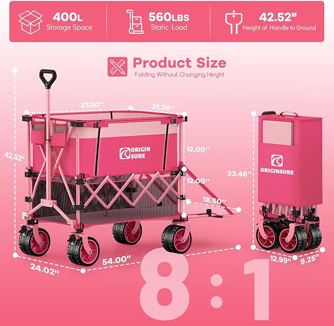 400L Double Decker Wagon Collapsible with 54" L Tailgate, 560lbs Heavy Duty Wagons Carts Foldable, Extra Large Folding Beach Wagon with Big All-Terrain Wheels for Camping, Sports, Groceries, Pink