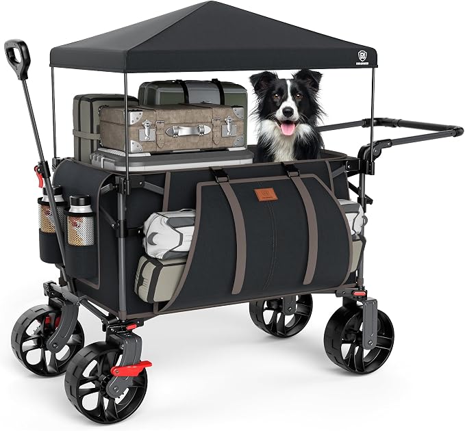 EVER ADVANCED Folding Push Wagon with Canopy, Portable Shopping Cart with Brakes, Collapsible Wagon Cart with All-Terrain Big Wheels for Camping, Beach, Sports