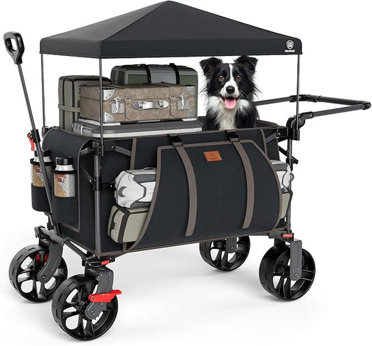 EVER ADVANCED Folding Push Wagon with Canopy, Portable Shopping Cart with Brakes, Collapsible Wagon Cart with All-Terrain Big Wheels for Camping, Beach, Sports