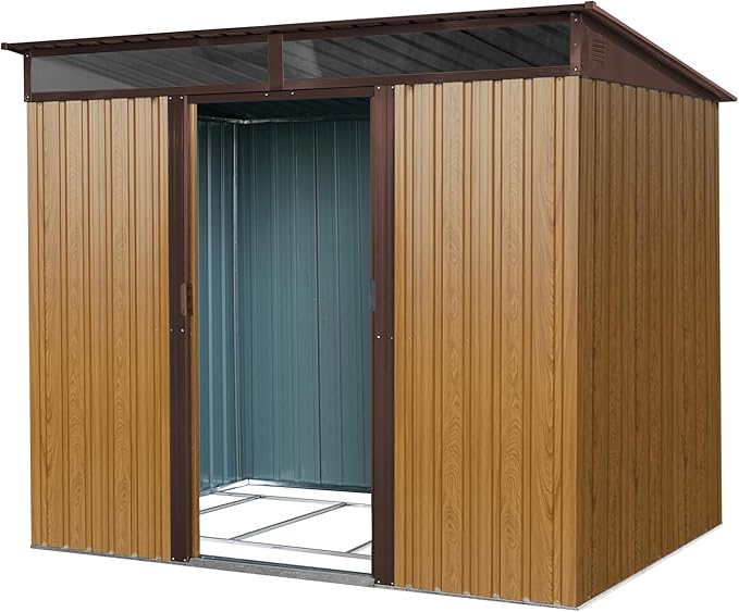 8x6 FT Outdoor Metal Storage Shed, Galvanized Steel Garden Shed, Foundation Frame, Ventilated Tool Storage House, Sloped Roof, Weather Resistant Backyard Shed for Lawn Equipment, Coffee