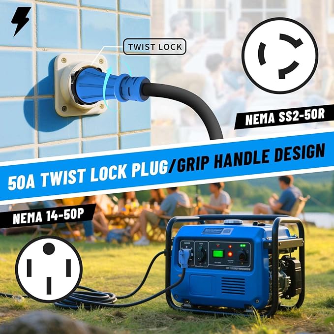 50 Amp Generator Cord 50FT, NEMA 14-50P to SS2-50R Heavy Duty Generator Extension Cord, Female Plug with Twist Lock, 6/3+8/1 Gauge STW Wire for Camper & House, ETL Listed