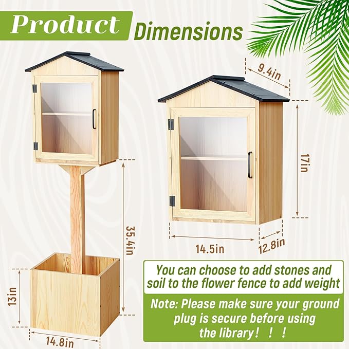 Wonderjune Little Library Box Outdoor, Durable Weatherproof Solid Wood Book Exchange Box with Floor Plugs and Small Flower Fence for Community, Literature, School Sharing Book(Natural Wood,Steepletop)