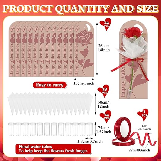 Eaasty 24 Set Mother's Day Themed Single Rose Card Sleeve Gift Packaging Flower Holder with Floral Water Tubes Ribbon Floral Tissue Paper for Rose Packing