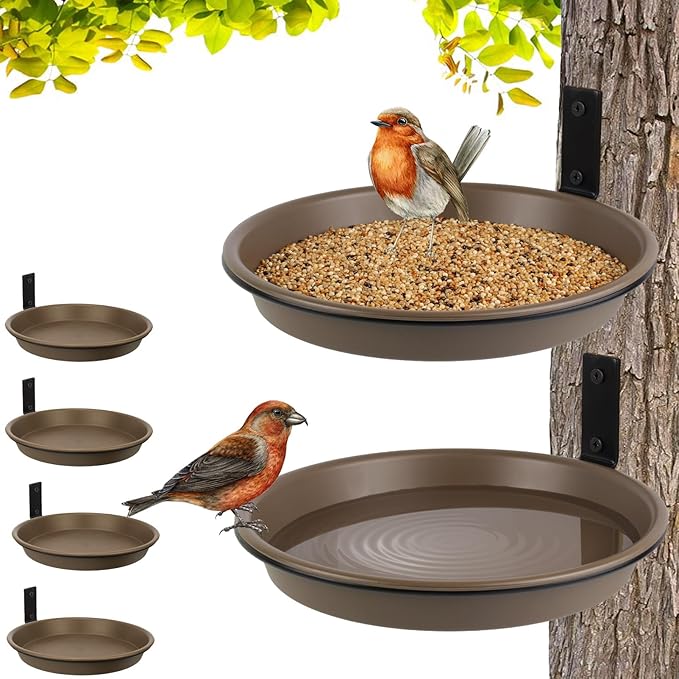 Tree Mounted Bird Feeder for Fence Outside 6 Pack, 8.4" Plastic Wild Bird Bath Tray with Metal Holder for Wood Post, Heavy Duty Wall Mount Squirrel Platform Water Feeder Station Outdoor Yard