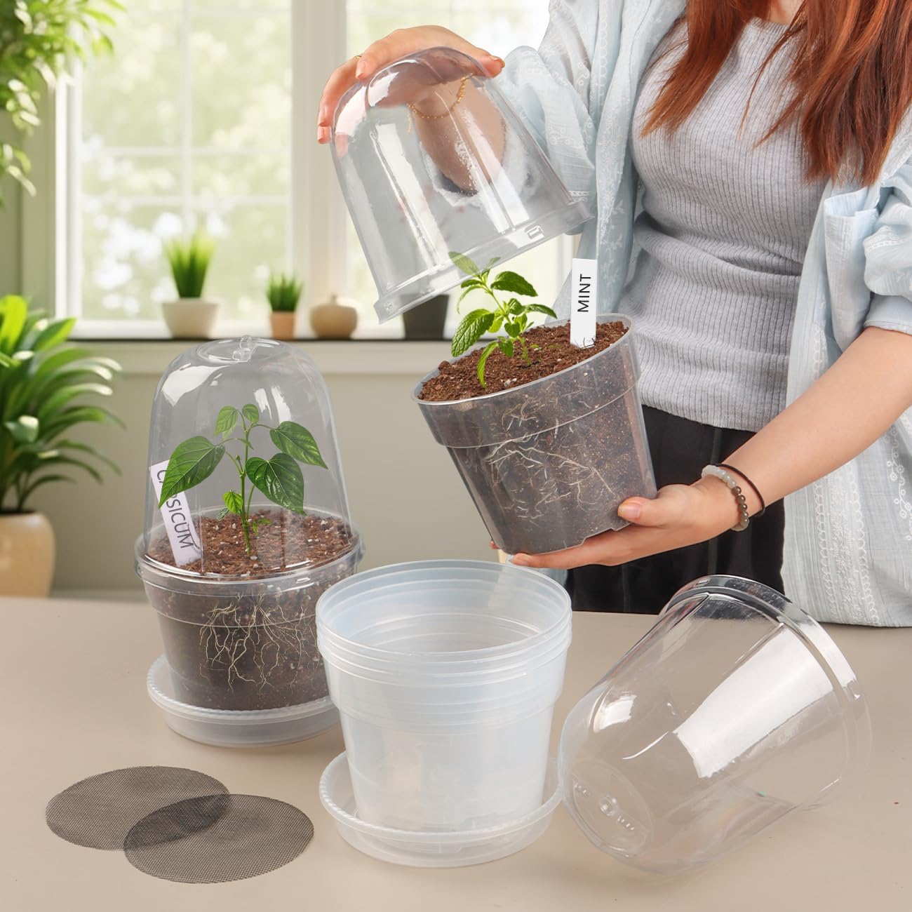 BTPLASTIK 6 Inch Clear Nursery Pots with Humidity Domes 15 Pack, Transparent Plastic Plant Pot with Drainage Holes and Saucers, Seed Starter Pots with 15 Pcs Plant Labels and 15 Pcs Soil Screens