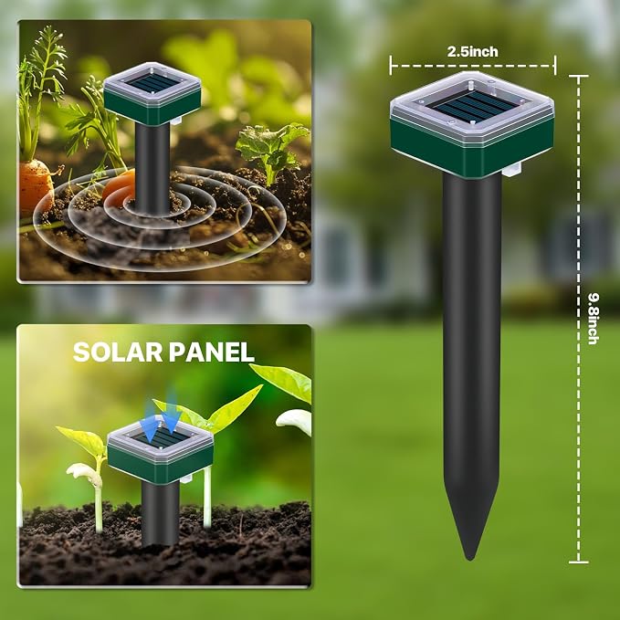 8 Pack Mole Repellent Solar Powered for Lawns Snake Repellent for Yard Rodent Repellent Gopher Groundhog Vole Ultrasonic Spike Outdoor Waterproof Sonic Burrowing Animals Deterrent Stakes
