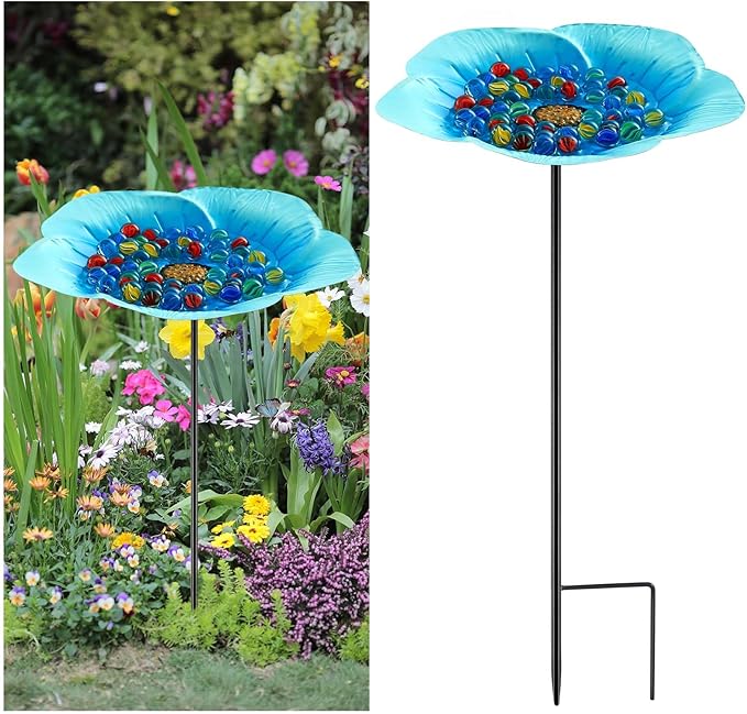 Tandefio Vivid Flower Bee Watering Station Metal Butterfly Water Feeder Cup with 30 Colorful Glass Marbles Bee Feeder Butterfly Bath Bowl for Garden Outdoor Yard Decors(Blue,Flower)