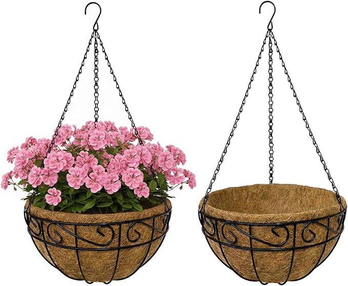 10 Inch Hanging Baskets for Plants Outdoor, 2 Pack Metal Wire Hanging Planters with Coco Coir Liners, Rust-Resistant Flower Basket with Chains & Hooks for Garden Patio Porch Deck Balcony