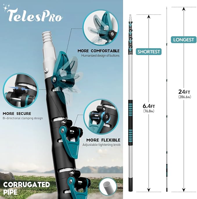 TelesPro Extendable Tree Trimmer: Manual Pole Saw | 6-24ft Telescoping Pruning Pole for Tree Trimming | Saw Attachment, Safety Goggles, and Gloves Included | Trim Branches up to 2" Diameter