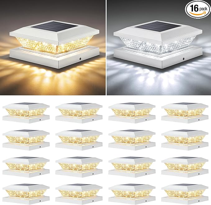 Mlambert 4x4 Solar Post Cap Lights Outdoor 16 Pack, Waterproof Solar Fence Light for Wooden/Vinyl Post, 2 Color Outside Deck Patio Porch Decor, White