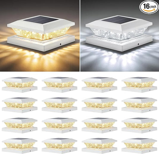 Mlambert 4x4 Solar Post Cap Lights Outdoor 16 Pack, Waterproof Solar Fence Light for Wooden/Vinyl Post, 2 Color Outside Deck Patio Porch Decor, White