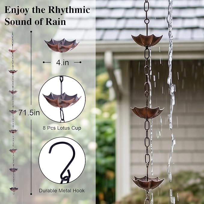 Topadorn Antique Umbrella & Lotus Rain Chain, 71.5" Metal Water Diverter with 8 Cups, Decorative Gutter Downspout Replacement