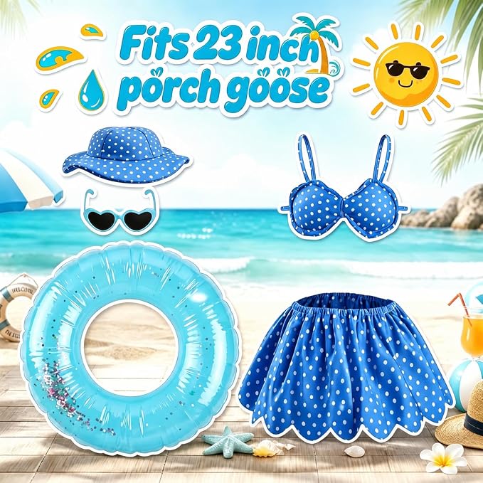 Summer Porch Goose Outfit with Sunglasses and Swim Ring, Hawaiian Bikini 23 inch Porch Goose Costume Clothing for Patio Yard