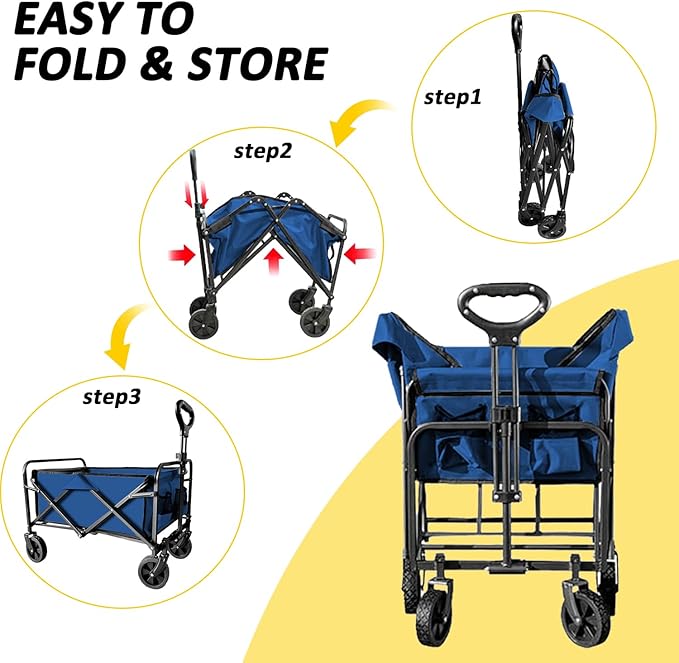Garden Cart Folding Wagon with Small Wheel, Collapsible Outdoor Wagon Cart Heavy Duty with Universal Wheels & Adjustable Handle, Utility Grocery Wagon for Camping Shopping, Sports - Navy Blue