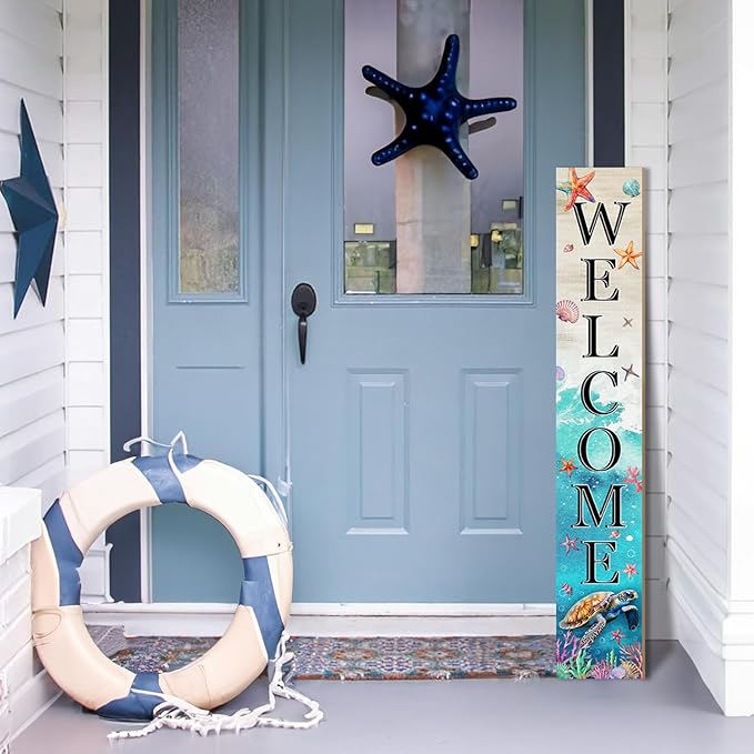 Sea Turtle Welcome Sign for Front Door, Beach Outdoor Porch Sign Home Decorations Standing Yard Sign Seasonal Wood Door Sign for Garden Tall Summer Welcome Vertical Signs for Patio Wall