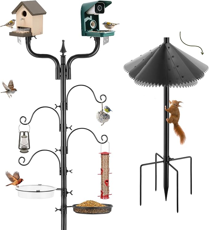 Upgraded Bird House Pole Squirrel Proof,Heavy Duty Bird Feeder Pole with Squirrel Baffle,4 Hooks,Wind-Resistant Water Bowl,Mesh Tray,Y-Shape Platform for Yard Garden Backyard(Not Include Birdhouse)