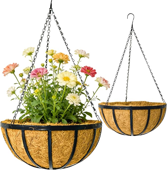 12 Inch Metal Hanging Planter Basket with Coconut Fiber Liner Hanging Plant Flower Pot for Home Garden Patio Decoration,Metal Flat Iron Pattern, 2 Pack