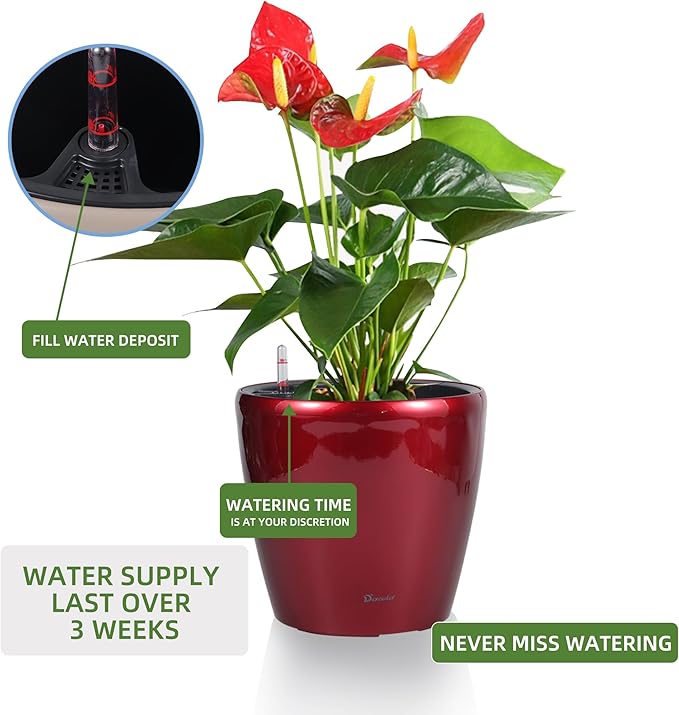 Dexceder 11x10 Self Watering Planter (Red High Gloss) | Inner Pot Design, Thickened Table Flower Plant Pot with Water Level Indicator Indoor Outdoor