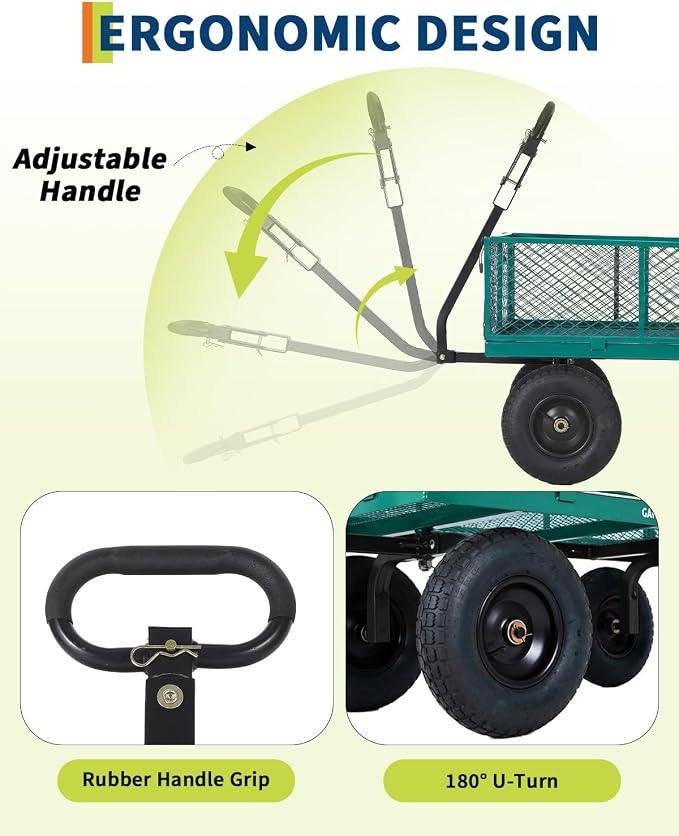 Garvee Versatile Outdoor Utility Cart-1000LBS Heavy-Duty, 13" All-Terrain Pneumatic Tires, Vehicle-Connectable, Easy Maneuverable Lawn Cart with Removable Mesh Panels for Gardening & Landscaping,Green