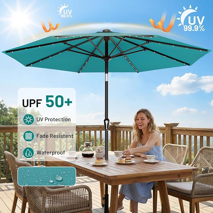 AreShark 9FT Patio Umbrella with Solar Lights, 32 Lighted Pool Umbrella w/Tilt and Crank, Outdoor Market Solar Umbrellas for Garden, Deck, Backyard, Pool and Beach, Lake Blue