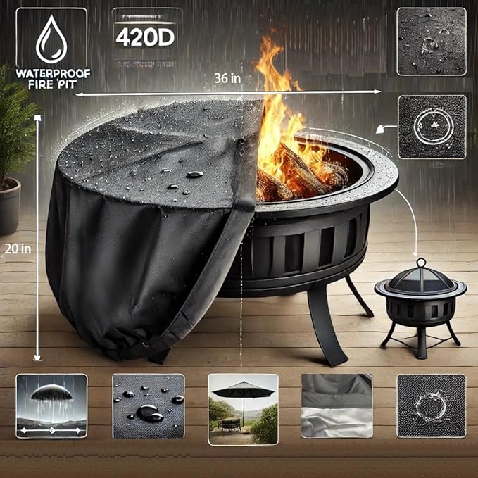 Round Fire Pit Cover for 30-36 Inch Firepit, Heavy Duty Outdoor Patio Fireplace Covers - Waterproof Dustproof Anti UV and Tear Resistant