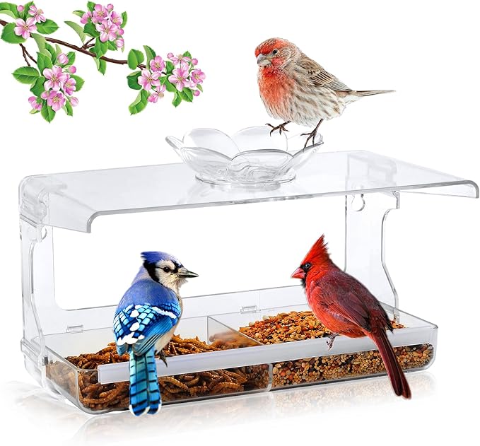 WENMIXER Window Bird Feeder with Non-Marking Self-Adhesive Hooks, Clear and Transparent, Outdoor Wild Bird Watching Gift, Garden Decor (Standard)
