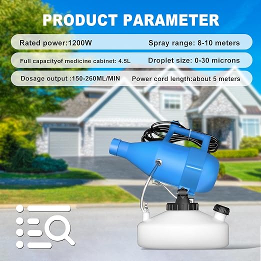 ZFULVO 4.5L(1.2Gallon) Portable Electric ULV Fogger Sprayer, 26-32ft Spraying Distance Atomizer Mist Rate 150-260ml/min Cold Fogger Machine, for Home,Hotel,Church,School,Lawn,Yard,Garden