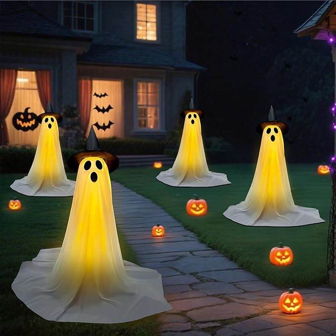 Halloween Decorations Outdoor & Indoor Decor - 2 Pack 59-inch Remote Control Spooky Ghost String Lights with Witch Hats, Halloween Lights for Porch, Yards, Patio, Garden Lawn, Party