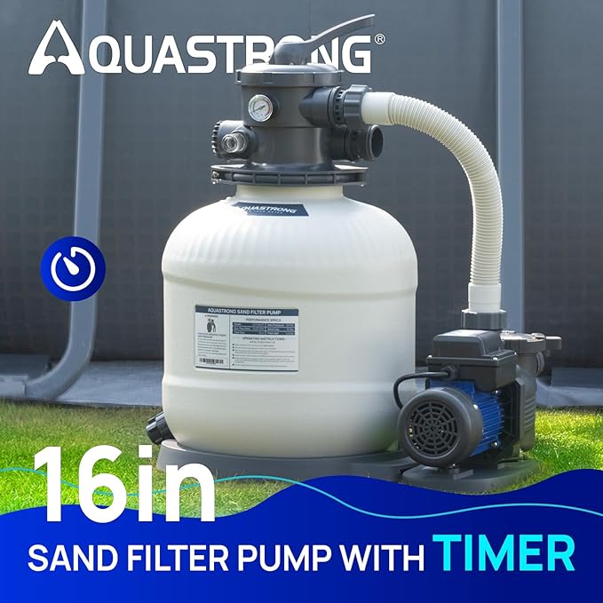 AQUASTRONG Sand Filter Pump for Above Ground Pool, Pool Pumps Above Ground with Timer, Pool Sand Filter with 6-Way Valve,Improved Circulation and Filtration,16in, up to 16000 Gallons