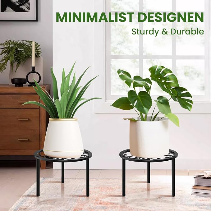 TOSKING 2-Pack Heavy Duty Metal Plant Stand Holds 120 lbs - 10.2" Classic Scroll Pattern Round Stand for Medium to Large Pots, Adjustable Feet & Rustproof Finish, Indoor/Outdoor, Black (10.2"D x 7.9"H)