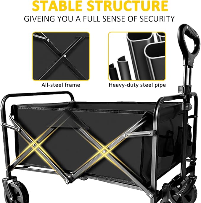 Foldable Wagon Cart, Collapsible Wagon Cart with Heavy Duty Wheels, 220Ibs Portable Folding Utility Wagon for Groceries, Beach, Camping, Outdoor Activities, Black