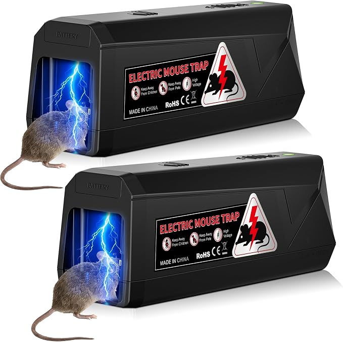 Electric Mouse Traps Indoor for Home, 2 Pack Electronic Mouse Trap Zapper with High Voltage, Intelligent Indicator & Buzzer Alert, Reusable & No-Touch Humane Mice Killer for Kitchens Warehouse Office