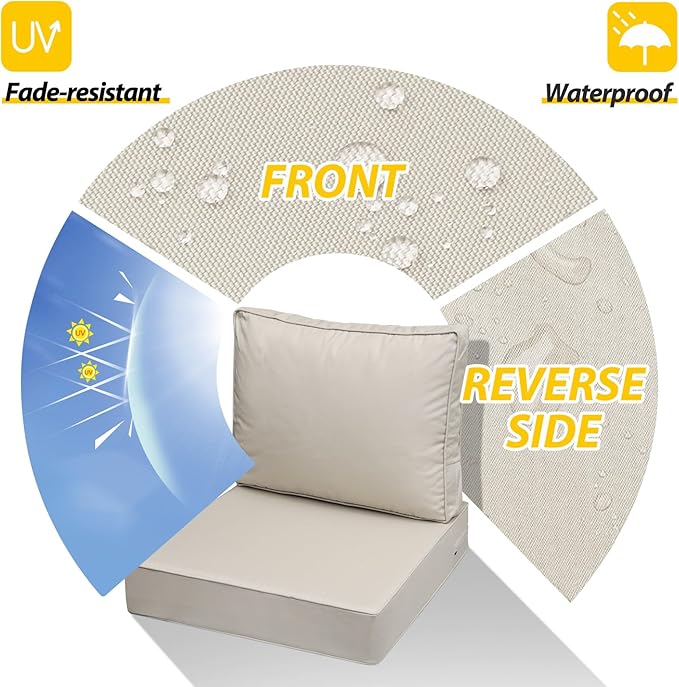 AAAAAcessories Outdoor Deep Seat Cushions with Double Welted Pillow, Waterproof, Fade-Resistant Patio Furniture Replacement Cushions, 25.5" x 25.5" x 5" + 25.5" x 19", Beige