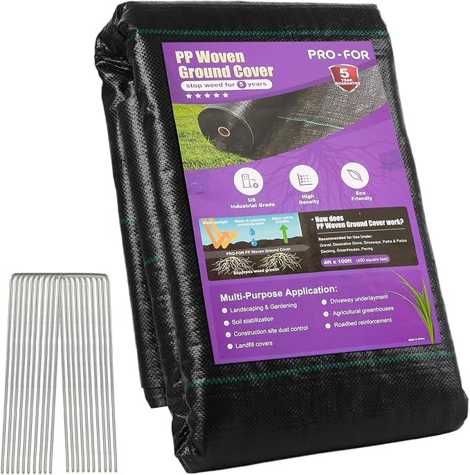 4FT x 100FT 3.2oz Heavy Duty Weed Barrier Landscape Fabric – Premium Woven Ground Cover for Gardening, Farming & Driveways, Breathable Weed Control Cloth with 10 U-Shaped Securing Pegs