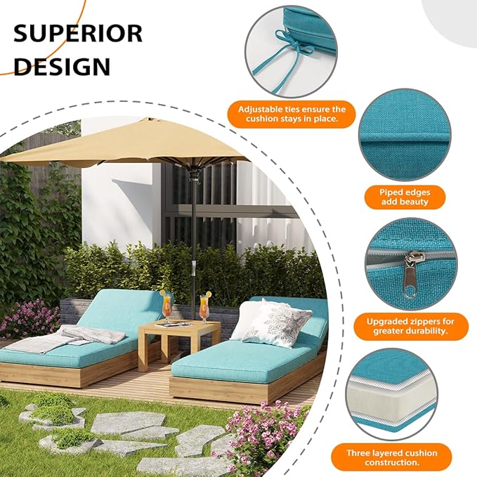 Sundale Outdoor Olefin Chaise Lounge Cushion, Water-Resistant Patio Lounge Chair Cushion, Thick Lounger Pad with 4 Straps Teal, 72 x 21 x 4 Inches