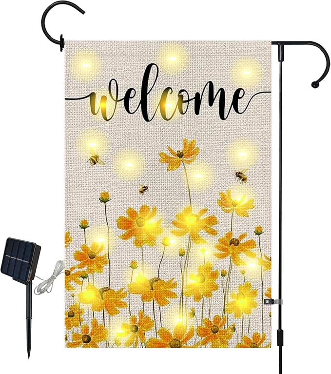 Lighted Spring Summer Floral Welcome Garden Flag, 12 x 18 Inch Double Sided Vertical Burlap Sunflower Bee Led Garden Flag for Seasonal Holiday Outdoor Yard Decoration
