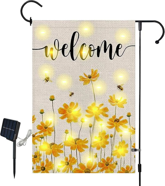 Lighted Spring Summer Floral Welcome Garden Flag, 12 x 18 Inch Double Sided Vertical Burlap Sunflower Bee Led Garden Flag for Seasonal Holiday Outdoor Yard Decoration