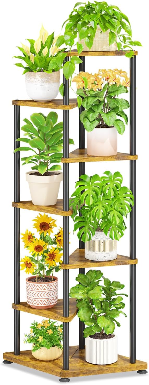 LASZOLA 6 Tier Tall Wood Plant Stand Indoor, Heavy Duty Corner Plant Rack for Large Planters, Multi Level Vertical Metal Flower Holder Display Shelf for Living Room Patio Balcony Garden, Rustic Brown